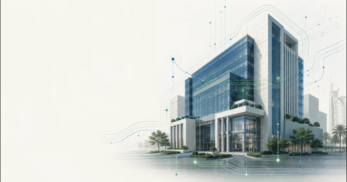 Illustrative office building connected by energy and data flows